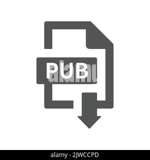 Pub file download with arrow vector icon. Save or load pub format symbol. Stock Vector