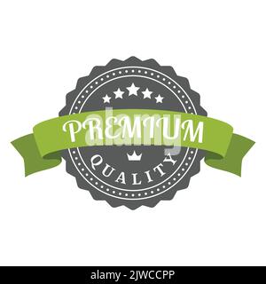 Premium quality label with banner ribbon. Colorful vector sticker, stamp or badge. Stock Vector