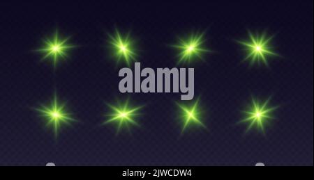 Green lens flare, glowing star with rays, shiny flash spark, bright cosmic explosion isolated on black. Vector illustration. Stock Vector