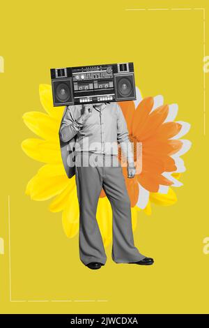 3d retro abstract creative artwork template collage of fancy man boombox retro tape recorder instead head flowers party disco have fun Stock Photo