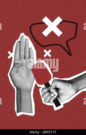 Exclusive minimal magazine sketch collage of hand showing stop sign interview journalism crossed speech bubble no comments paparazzi Stock Photo