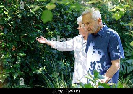 Senior caucasian couple spending time in garden together Stock Photo