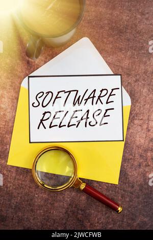 Conceptual caption Software Releasesum of stages of development and maturity for program. Business overview sum of stages of development and maturity Stock Photo