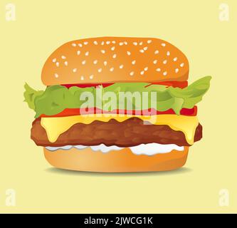 Classic Hamburger Isolated Illustration With Lettuce, Cheese And Tomato Stock Vector
