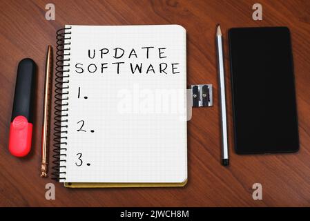 Text sign showing Update Softwarereplacing program with a newer version of same product. Business concept replacing program with a newer version of Stock Photo