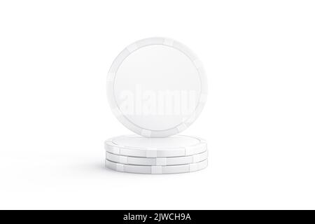 Blank white plastic round chip mockup stand on stack, isolated Stock Photo