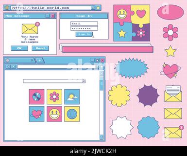 Set of various user interface elements and stickers. Nostalgic retro y2k old computer style. Web browser window, new notification message, search bar, Stock Vector