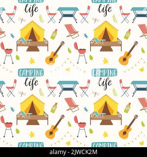 Camping seamless pattern. Travel equipment and gear. Hand drawn flat elements and lettering, glamping tent, guitar. Backdrop for website, banner, text Stock Vector