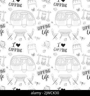 Camping seamless pattern. Travel background with hand drawn outline hiking elements and lettering. Doodle backdrop for website, banner, cover, textile Stock Vector