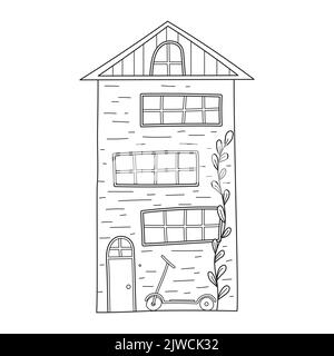 Cute simple three - storey house and scooter in sketch doodle style. Hand drawn Black and white vector illustration isolated on white background Stock Vector
