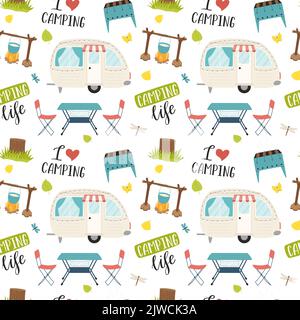Camping seamless pattern with motorhome and camping furniture. Hand drawn cartoon travel elements and lettering. Backdrop for website, banner, cover, Stock Vector