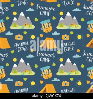 Travel, camping seamless pattern. Cartoon hand drawn hiking elements and lettering. Color backdrop for website, banner, cover, textile, packaging desi Stock Vector