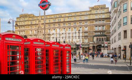 Typical red phone booths in London, UK Stock Photo