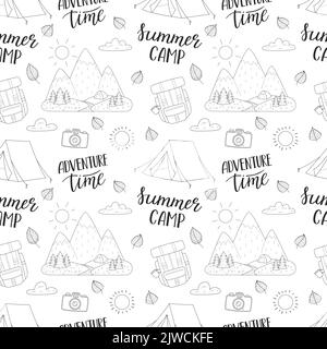 Camping seamless pattern. Travel background with hand drawn outline hiking elements and lettering. Doodle backdrop for website, banner, cover, textile Stock Vector