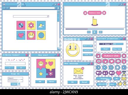 Big set of retro desktop browser and dialog windows. Cute 80s 90s old computer user interface elements and vintage aesthetic icons. Nostalgic retro op Stock Vector