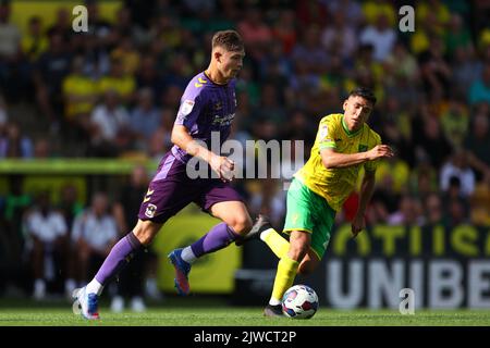 Callum Doyle of Coventry City and Marcelino Nunez of Norwich City - Norwich City v Coventry City, Sky Bet Championship, Carrow Road, Norwich, UK - 3rd September 2022  Editorial Use Only - DataCo restrictions apply Stock Photo