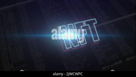 Image of glowing neon blue and purple outlined nft text over data on black background Stock Photo