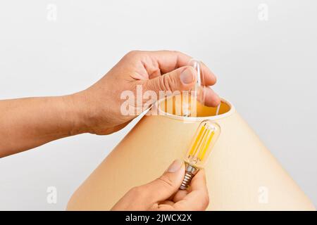 Saving electricity concept: closeup of male hands exchanging an old light bulb in a living room lamp with an energy efficient LED filament version. Stock Photo