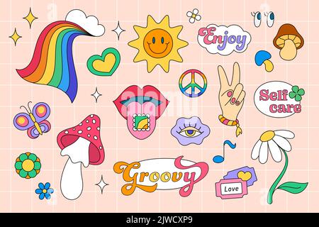 Retro 70s hippie psychedelic groovy elements set. Hand drawn funky  mushrooms, flowers, musical instruments, vintage hippy style collection.  Decorative disco lamp, heart, cherries. Vector illustration. 7320119 Vector  Art at Vecteezy