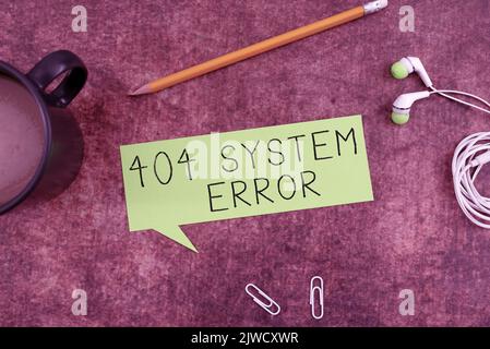 Text sign showing 404 System Errormessage appears when website is down and cant be reached. Business showcase message appears when website is down and Stock Photo
