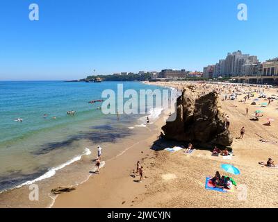 Biarritz, Atlantique Pyrenees. France: July 11, 2022: La grande Plage and its famous promenade in Biarritz, holidays in the south-east of France. Stock Photo