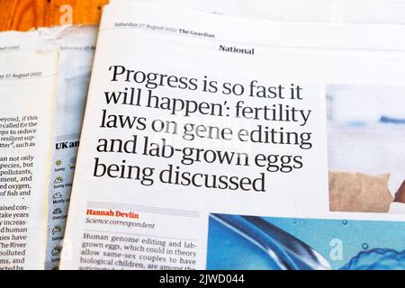 'Progress is so fast it will happen: fertility laws on gene editing and lab-grown eggs' Guardian newspaper headline article 27 August 2022 London UK Stock Photo