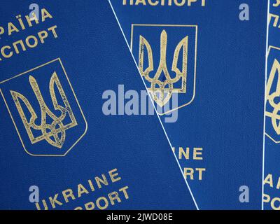 Ukrainian biometric passport id to travel the Europe without visas on the table. Inscription in Ukrainian "Ukraine Passport" Stock Photo