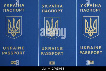 Ukrainian biometric passport id to travel the Europe without visas on the table. Inscription in Ukrainian "Ukraine Passport" Stock Photo