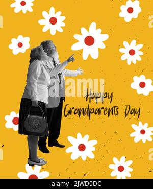 Senior couple, happy grandparents dressed in 70s, 80s fashion style talking each other over floral background. International grandparents day Stock Photo