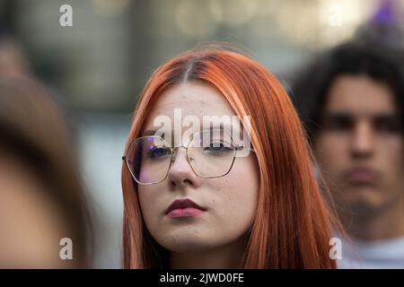 About a hundred students protest in front of the Ministry of Education in Warsaw, Poland on 04 September, 2022. This year high schools in Poland have Stock Photo
