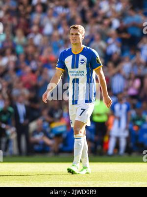 Solly March of Brighton during the Premier League match between Brighton and Hove Albion and Leicester City at the American Express Stadium  , Brighton , UK - 4th September 2022 Editorial use only. No merchandising. For Football images FA and Premier League restrictions apply inc. no internet/mobile usage without FAPL license - for details contact Football Dataco