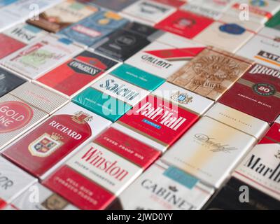 Soligorsk, Belarus - 5 September 2022: Cigarette packs with the calling ...