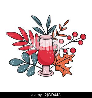 Autumn cute composition with mulled wine, berries and leaves. Decoration with falling leaves and hot warming drink cartoon. Cozy print for design Stock Vector