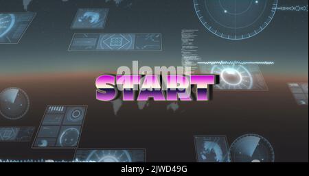 Image of start text and data processing on black background Stock Photo