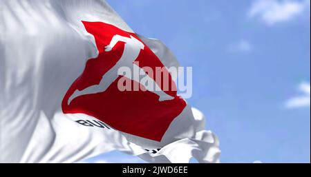 Munich, GER, July 2022: Close-up of the Bundesliga flag waving in the wind. Bundesliga is a professional association football league in Germany. Illus Stock Photo
