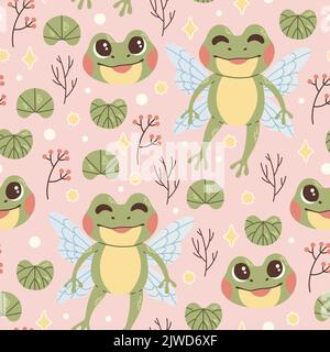 Frog fairy leaves branches seamless pattern vector Stock Vector