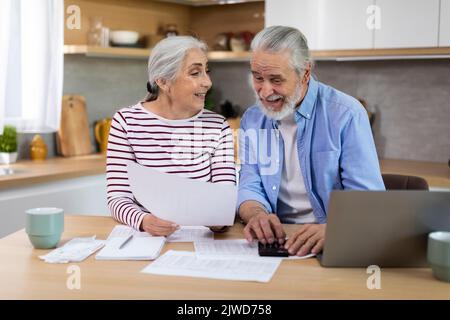 Portrait Of Cheerful Elderly Spouses Sitting In Kitchen And Checking Financial Papers Stock Photo