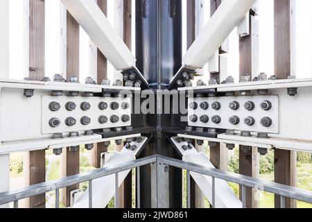 Steel construction with bolts connecting steel beams Stock Photo
