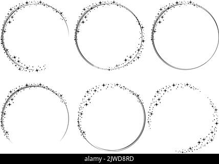 Set of round frames with stars. Wreath round star dust borders for party, birthday decor design. Space stars around thin lines. Isolated black flat ve Stock Vector