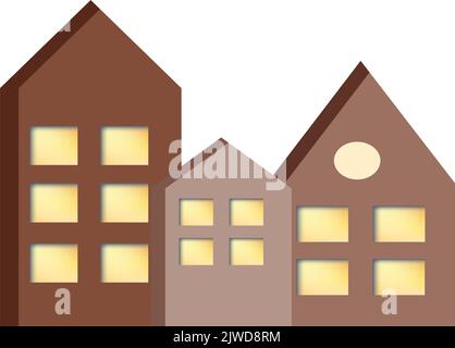 Stylized houses, hand-drawn in a flat style. Decor. Burning windows. Christmas. Minimalism. Scandinavian style. Vector simple illustration Stock Vector