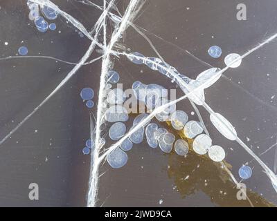 Abstract background of natural Ice structure with ceacks and bubbles. Friesland, Netherlands. Stock Photo