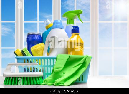 Cleaning products. Home concept and window background, Stock image