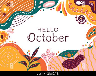Hello October Floral Abstract Typography Social media post vector Illustration. Memphis pattern design horizontal background. Greeting card, promotion Stock Vector