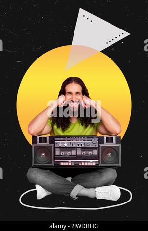 Vertical photo collage of cheerful guy sit circle legs crossed boombox on feet hands on cheeks isolated on cosmic black color background Stock Photo