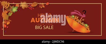 hello Autumn stylish background decorate with leaves and fruits. web banner. Vector illustration poster template design. Stock Vector
