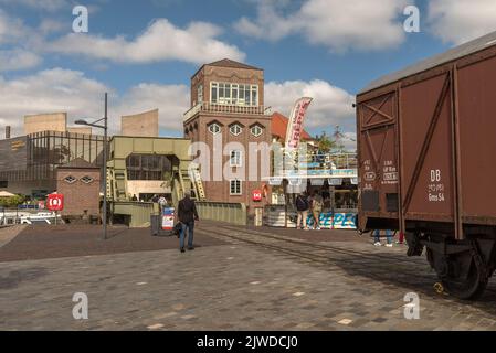 people in the maritime quarter Hafenwelten, Bremerhaven, Germany Stock Photo