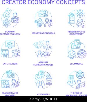 Creator economy blue gradient concept icons set Stock Vector