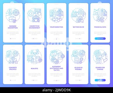 Business planning success blue onboarding mobile app screen set Stock ...