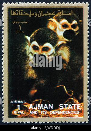 AJMAN - CIRCA 1973: a stamp printed in Ajman shows squirrel monkey, saimiri sciureus, are New World monkeys native to the tropical forests of Central Stock Photo