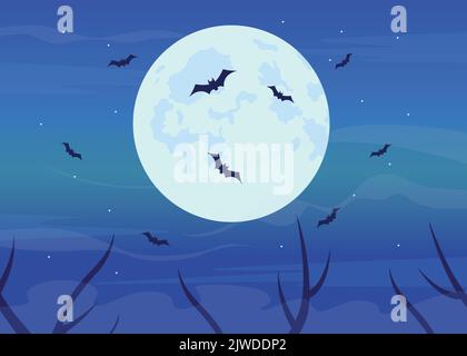 Bats flying in full moon flat color vector illustration Stock Vector